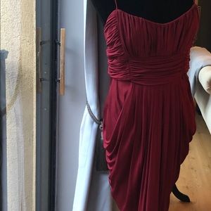 BCBG Burgundy Ruched Spaghetti-Strap Midi Dress